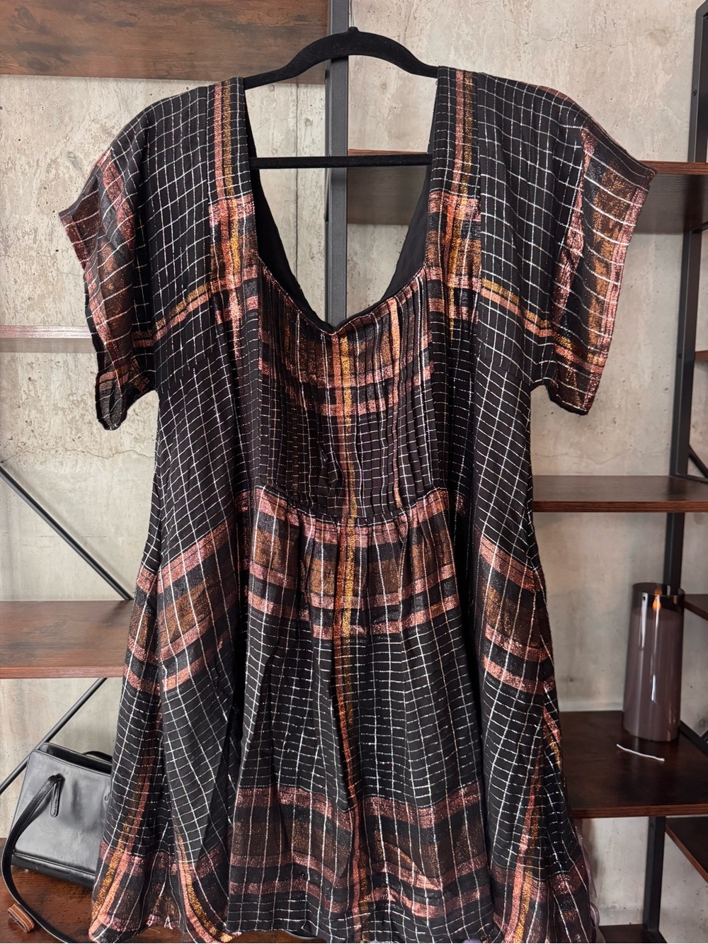 Free People Metallic Black, Copper,  & Rust Plaid Babydoll Dress - Oversized SM!